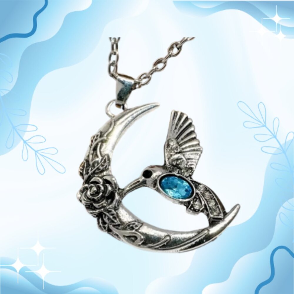 🌙 Hummingbird & Moon Pendant Necklace - Boho Floral Charm